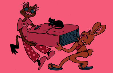 appliance black_body brown_body clothing duo effort female feral fluffy fluffy_tail footwear fridge kitchen_appliance long_ears looking_at_viewer looking_up nails pajamas sandals shoes simple_background slippers tail underwear autenticovadito bugambilia_(autenticovadito) animal_humanoid domestic_cat felid feline felis humanoid lagomorph lagomorph_humanoid leporid mammal mammal_humanoid rabbit tabby_cat absurd_res digital_media_(artwork) hi_res