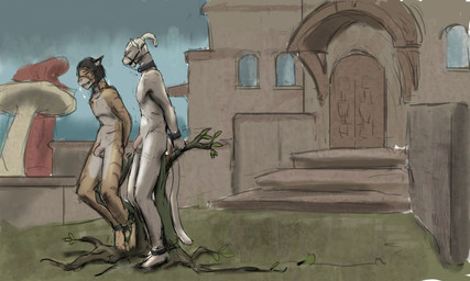 anthro balls bound building cloud collar duo flaccid gag gagged genitals male male/male metal_collar nude nude_male outside overcast penis plant sky slave tree jeri_kleinlowe bethesda_game_studios microsoft morrowind the_elder_scrolls felid feline khajiit mammal 2022 5:3 colored