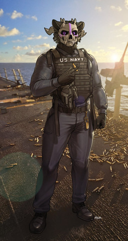 anthro biped bottomwear claws clothed clothed_anthro clothed_male clothing cloud fingers front_view fully_clothed fully_clothed_anthro fully_clothed_male fur horn looking_at_viewer male outside sea sky solo standing teeth text topwear water pgm300 canid canine mammal 2026 absurd_res digital_drawing_(artwork) digital_media_(artwork) english_text hi_res