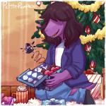 5_fingers anthro beverage biped bottomwear box brown_hair christmas_tree claws clothed clothing container cup denim denim_bottomwear denim_clothing detailed_background fingers footwear freckles fully_clothed gift hair hair_over_eyes holding_object holidays inside jacket jeans kneeling ornament pants plant purple_body purple_scales purple_tail ribbons scales shirt shoes sitting smile snout solo tail topwear torn_bottomwear torn_clothing torn_jeans torn_pants tree petite-pumpkin christmas deltarune undertale_(series) lancer_(deltarune) susie_(deltarune) lizard reptile scalie 1:1 2018 digital_media_(artwork) signature