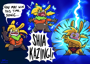 anthro bottomwear breasts clothed clothing dialogue electricity fangs female gloves handwear lightning lightning_bolt nipples open_mouth panties pants shirt slightly_chubby slightly_chubby_female solo speech_bubble suspenders teeth text tongue topwear torn_clothing underwear wardrobe_malfunction yellow_body theenfman archie_comics eggman_logo nickelodeon sega sonic_the_hedgehog_(archie) sonic_the_hedgehog_(comics) sonic_the_hedgehog_(series) spongebob_squarepants thunderbolt_the_chinchilla chinchilla chinchillid mammal rodent english_text hi_res meme