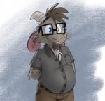 anthro bottomwear brown_bottomwear brown_clothing brown_hair brown_pants clothing dress_shirt eyewear facial_hair glasses goatee grey_clothing grey_shirt grey_topwear hair male pants shirt slacks solo topwear tinydeerguy gary_(tinydeerguy) bovid caprine goat mammal