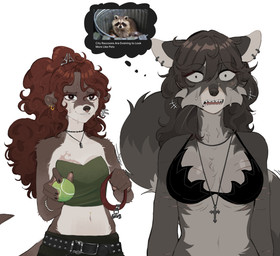 5_fingers anthro big_breasts biped bodily_fluids bottomwear bra breasts brown_body brown_fur brown_hair brown_tail claws clothed clothed_anthro clothed_female clothing countershade_torso countershading duo ear_piercing female finger_claws fingers front_view fully_clothed fully_clothed_anthro fully_clothed_female fur grey_body grey_fur grey_hair grey_tail hair heart_eyes heart_symbol holding_object inner_ear_fluff navel open_mouth piercing simple_background smile standing sweat tail teeth text tongue topwear tuft underwear white_background raccoattack angel_(raccoattack) racc_(raccoattack) mammal mustelid otter procyonid raccoon 2025 digital_drawing_(artwork) digital_media_(artwork) english_text hi_res