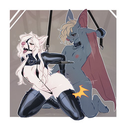 ambiguous_gender anthro bdsm blush bondage bound breasts collar duo female from_behind_position hair kneeling latex open_mouth open_smile sex small_waist smile thick_thighs wide_hips winged_arms wings letsdrawcats recess_(phantasie) bat canid canine mammal 1:1 hi_res
