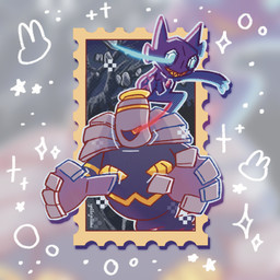 1_eye 5_fingers ambiguous_gender anthro big_hands biped blurred_background border claws colored_shading drop_shadow duo emanata fingers floating_rocks gem_eyes glowing glowing_eyes halftone_shading multicolored_body postage_stamp purple_body red_eyes stamp toothy_smile white_border yellojellow nintendo pokemon pokemon_mystery_dungeon spike_chunsoft dusknoir_(eotds) dusknoir generation_3_pokemon generation_4_pokemon pokemon_(species) sableye 1:1 digital_media_(artwork) halftone hi_res signature