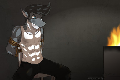 abs anthro biped bruised captured clothed clothing fire half-closed_eyes hands_behind_back inside male narrowed_eyes sharp_teeth sitting solo teeth xaenyth aquatic fish shark 2014 3:2 hi_res