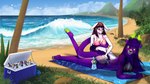 anthro beach beach_towel bikini brown_eyes clothing cooler duo female female/female fur green_eyes horn palm_tree plant purple_body purple_fur sand sea seaside sunscreen swimwear towel tree two-piece_swimsuit water white_body white_fur trickster_illustrations iris_grim felid feline jaguarundi lagomorph leporid lycafel mammal rabbit 16:9 hi_res widescreen