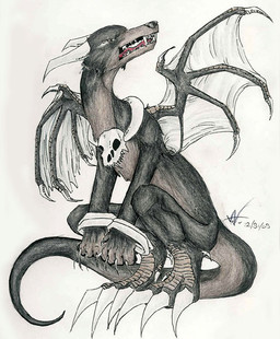 ambiguous_gender claws crouching feral horn long_tail looking_aside open_mouth solo tail teeth wings ashkey nintendo pokemon charizard generation_1_pokemon generation_2_pokemon houndoom hybrid pokemon_(species) 2003