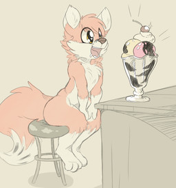 anthro bodily_fluids brown_eyes cherry drooling fluffy food fruit fur male orange_body orange_fur plant saliva sitting solo sundae backsash piano_the_fox canid canine fox mammal absurd_res digital_media_(artwork) hi_res