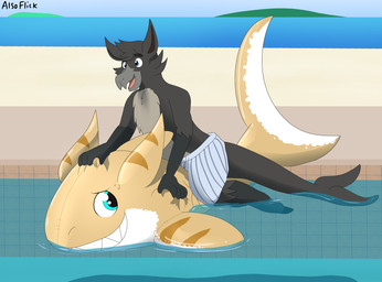 animal_pool_toy bottomwear clothing duo inflatable pool_toy shorts simple_background straddling swimming_pool tail transformation water alsoflick flick_(alsoflick) kaiko_(kaikotheshark) alsoan aquatic avian bird fish shark hi_res