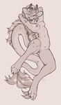 4_toes anthro antlers areola barbel_(anatomy) breasts claws dorsal_crest eyes_closed feet female flesh_whiskers fur hair horn long_tail nipples nude simple_background smile solo tail tail_tuft toe_claws toes tuft vulva white_background seraphictiger mythology deer dragon furred_dragon furred_scalie hybrid mammal mythological_creature mythological_scalie scalie 2025 greyscale hi_res monochrome watermark