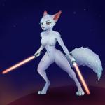 1:1 2019 absurd_res anthro canid canine crystal elemental_creature female fox foxyghost fur genitals hi_res looking_at_viewer mammal mineral_fauna nipples nude pinup pose pussy red_eyes red_nose simple_background solo star_wars vulptex white_body white_fur zenesse_hjeoda
