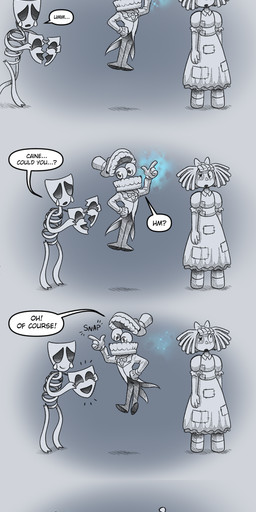 angry annoyed anthro chess_piece clothed clothing doll falling female floating fool's_hat group hat headgear headwear jester male mask open_mouth overalls scared short_comic smile speech_bubble standing text upset absolutedream glitch_productions the_amazing_digital_circus caine_(tadc) gangle_(tadc) jax_(tadc) kinger_(tadc) pomni_(tadc) ragatha_(tadc) zooble_(tadc) human lagomorph leporid mammal rabbit 2026 absurd_res comic english_text greyscale hi_res long_image monochrome tall_image
