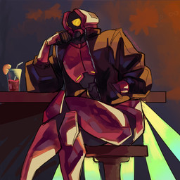 1_eye beverage clothing crossed_legs jacket lidded_eyes looking_at_viewer machine not_furry red_body sitting solo topwear supacreamss new_blood_interactive ultrakill v2_(ultrakill) robot 1:1 absurd_res hi_res portrait