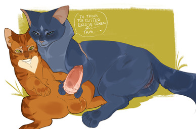 age_difference balls big_balls big_penis blue_body blue_eyes blue_fur blush blush_lines bodily_fluids dialogue diamond_(marking) duo embarrassed female female_feral feral feral_on_feral fur genital_fluids genitals glistening glistening_body glistening_fur green_eyes leaning leaning_backward looking_at_genitalia looking_at_penis lying male male/female markings orange_body orange_fur paws penile_spines penis penis_between_fingers scar shoulder_scar simple_background tabby_fur text vaginal_fluids vulva young young_feral anglwshot warriors_(book_series) bluestar_(warriors) firestar_(warriors) domestic_cat felid feline felis mammal absurd_res english_text hi_res