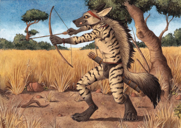 accessory anklet anthro arrow_(weapon) black_body black_clothing black_fur black_underwear bottomwear bow_(weapon) bracelet clothing digitigrade ear_piercing ears_back fur grass headband holding_bow_(weapon) holding_object holding_ranged_weapon holding_weapon jewelry light loincloth looking_forward male necklace orange_eyes outside piercing pivoted_ears plant quiver_(object) ranged_weapon red_headband rock sky solo standing striped_body striped_fur stripes sunlight tongue tongue_out tree underwear weapon white_body white_fur 0laffson aardwolf hyena mammal 2023 dated painting_(artwork) signature traditional_media_(artwork) traditional_painting_(artwork) traditional_watercolor_(artwork) watercolor_(artwork)