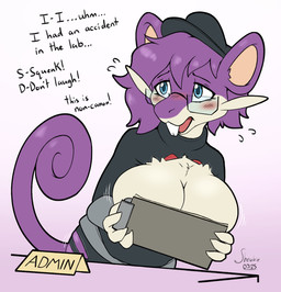 after_transformation anthro big_breasts blue_eyes blush blush_lines breasts buckteeth clipboard curled_tail dialogue eyewear female fur gender_transformation glasses mtf_transformation purple_body purple_fur solo tail teeth text transformation wearing_glasses wearing_hat shrubie_fox nintendo pokemon team_rocket milo_(shrubie_fox) generation_1_pokemon mammal pokemon_(species) rattata rodent english_text hi_res