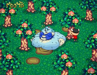 anthro bodily_fluids chibi clothed clothing day dress duo female food forest fruit grass immobile morbidly_obese morbidly_obese_female obese obese_anthro obese_female overweight overweight_anthro overweight_female peach_(fruit) plant sweat tree weight_gain moomis animal_crossing nintendo villager_(animal_crossing) whitney_(animal_crossing) canid canine canis humanoid mammal wolf absurd_res hi_res sequence
