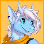 anthro blue_body blue_eyes blue_horn clothed clothing ear_piercing frost_drake hair horn male piercing sleeveless_hoodie smile solo white_hair kiki_the_kraken kikisinkspray mythology nako_frostburn dragon mythological_creature mythological_scalie scalie 1:1