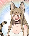 animal_ears animal_tail bangs blush bodily_fluids breasts brown_eyes brown_hair choker cleavage clothed clothing cute_fangs dripping eyebrow_through_hair eyebrows female hair jewelry licking licking_lips long_bangs long_hair markings medium_breasts mole_(marking) necklace not_furry open_:3 open_mouth rainbow_background saliva saliva_drip saliva_on_tongue serval_tail shirt simple_background solo speed_lines tail tank_top tongue tongue_out topwear translucent translucent_hair white_clothing white_shirt white_tank_top white_topwear wide_eyed 3-jung serval_(gegegekman) animal_humanoid felid felid_humanoid feline feline_humanoid humanoid mammal mammal_humanoid serval_humanoid tailed_humanoid 2024 artist_name cel_shading half-length_portrait hi_res korean_description portrait shaded