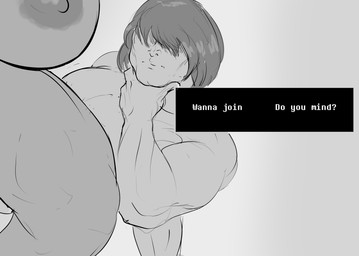 anthro areola big_breasts breasts duo female huge_breasts male male/female muscular muscular_female muscular_male nipples nude text thinking dreamy_pride deltarune undertale_(series) kris_dreemurr susie_(deltarune) human mammal reptile scalie hi_res monochrome
