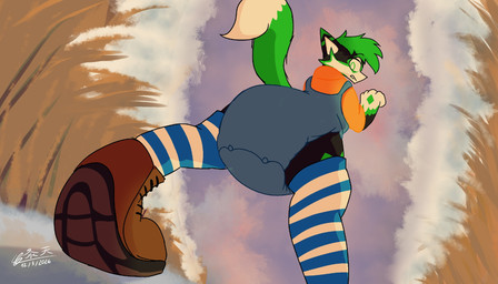 ageplay anthro big_diaper black_body black_fur boots butt butt_focus clothing diaper diaper_focus footwear fur green_hair green_highlights green_markings green_tail hair highlights_(coloring) infantilism looking_at_diaper looking_back low-angle_view male markings onesie outside roleplay shoes solo tail walking worm's-eye_view ragesamuraix programming_socks canid canine canis domestic_dog husky mammal nordic_sled_dog spitz hi_res