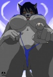 anthro big_breasts bikini blue_bottomwear blue_clothing blue_panties blue_thong blue_topwear blue_underwear bottomwear breasts camel_toe claws clothed clothing countershade_torso countershading female fur genital_focus gesture gloves_(marking) grey_body grey_countershading grey_fur hand_gesture looking_at_viewer looking_down looking_down_at_viewer low-angle_view markings panties pointing pointing_at_viewer pointing_down pussy_focus skimpy solo string_bikini swimwear tail teasing thong topwear two-piece_swimsuit underwear white_claws worm's-eye_view pandoza canid canine mammal digital_media_(artwork)