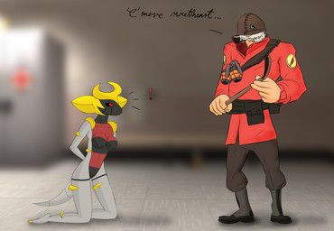 5_fingers anthro belt_pouch breasts clothing coat duo emanata female fingers front_view genitals kneeling light_body light_skin male military pokemorph red_clothing red_coat red_topwear soldier standing tail tan_body tan_skin three-quarter_view topwear vulva warrior giratina34 nintendo pokemon team_fortress_2 valve valve_corporation soldier_(team_fortress_2) altered_forme_giratina generation_4_pokemon giratina legendary_pokemon pokemon_(species) crossover source_request