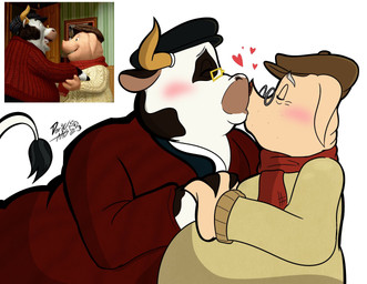 ananimatedgamer anthro blush clothing duo elderly_male eyewear glasses hand_holding hat headgear headwear kissing male male/male overweight overweight_male scarf simple_background white_background aag_2002 jakers!_the_adventures_of_piggley_winks ferny_(character) piggley_winks bovid bovine cattle domestic_pig mammal suid suine sus_(pig) 2026 hi_res