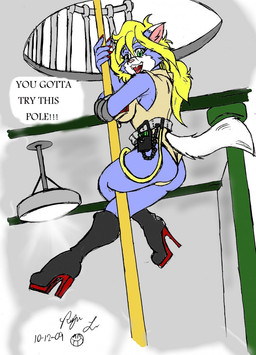anthro belt boots building butt cable clothing dialogue fangs female footwear gear hair high_heeled_boots high_heels lamp nails pole shoes solo suit teeth text whitewolf105 ghostbusters felid mammal 2009 dated english_text hi_res
