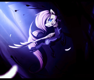 blue_eyes clenched_teeth dark electricity feathered_wings feathers female feral flying hair hair_over_eye hooves lightning one_eye_obstructed outside plant solo teeth tree wings yellow_body yellow_feathers hioshiru friendship_is_magic hasbro my_little_pony mythology fluttershy_(mlp) equid equine mammal mythological_creature mythological_equine pegasus