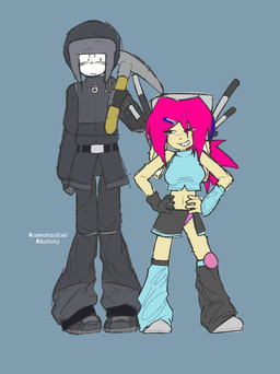 adolescent age_difference alternate_species ambiguous_gender ambiguous_humanoid anthro arm_warmers armwear asymmetrical_clothing asymmetrical_handwear asymmetrical_legwear belt biped black_belt black_bottomwear black_clothing black_footwear black_gloves black_handwear black_hat black_headwear black_leg_warmers black_legwear black_pants black_shoes black_skirt black_topwear blue_arm_warmers blue_armwear blue_clothing blue_crop_top blue_leg_warmers blue_legwear blue_shirt blue_topwear blush bottomwear clothed clothing crop_top duo electronics eyebrow_through_hair eyebrows female footwear freckles fully_clothed fur furrification gloves grey_clothing grey_footwear grey_headphones grey_shoes grin hair hands_on_hips handwear hat headgear headphones headwear holding_pickaxe knock-kneed larger_ambiguous leg_warmers legwear long_ears looking_at_another looking_at_partner midriff navel open_clothing open_skirt open_topwear panties pants pink_clothing pink_freckles pink_hair pink_knee_pads pink_panties pink_underwear shirt shoes side_slit side_slit_skirt size_difference skirt smaller_female smile talking_to_another tan_body tan_fur text thigh_gap topwear translucent translucent_hair underwear upskirt white_body young young_anthro young_female zipper cameohasdied endzone climber_(unknown_person) olga_melody_gascon animate_inanimate humanoid lagomorph leporid living_mannequin mammal rabbit english_text hi_res male_(lore)