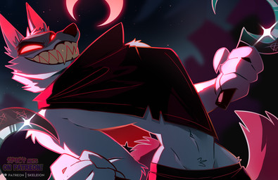 4_fingers ambiguous_gender anthro arched_back biped bottomwear cheek_tuft claws cloak clothed clothed_ambiguous clothed_anthro clothing creepy_face crescent_moon dual_wielding ears_up evil_grin facial_tuft fangs fingers fluffy fluffy_tail fur fuzzy glistening glistening_weapon glowing glowing_eyes grey_body grey_fur grin holding_object holding_weapon leaning leaning_backward light moon navel neck_tuft night no_pupils outside pants pointy_ears poncho prick_ears red_eyes red_moon sharp_teeth sickle sky slim small_waist smile solo standing star starry_sky tail teeth tuft weapon skeleion dreamworks puss_in_boots_(franchise) death_(puss_in_boots) canid canine canis mammal wolf 2025 digital_drawing_(artwork) digital_media_(artwork) lighting shaded female_(lore)