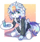 ambiguous_gender blonde_hair blue_body blue_fur blue_hair blush clothing fur green_eyes hair head_tuft kemono kneeling maid_headdress maid_uniform solo spilled_drink teary_eyes tuft uniform white_body white_fur young xiao_langao canid canine canis domestic_dog mammal absurd_res hi_res