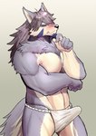 anthro asian_clothing blush canid canine canis clothed clothing east_asian_clothing embarrassed erection erection_under_clothing fundoshi fur grey_body grey_fur hair japanese_clothing lifewonders long_hair male mammal muscular muscular_anthro muscular_male pecs solo soonico temujin_(tas) tokyo_afterschool_summoners underwear wolf