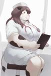 anthro big_breasts blush breasts clothed clothing female humanoid_hands kemono overweight overweight_anthro overweight_female shirt sitting solo topwear sv_grart bovid bovine cattle mammal