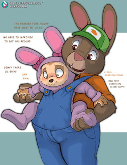 ageplay anthro blush bulge clothing costume duo feet foot_grab male male/male onesie overalls roleplay text kuuneho disney zootopia finnick_(zootopia) stu_hopps canid canine fennec_fox fox lagomorph leporid mammal rabbit true_fox absurd_res english_text hi_res