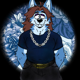 anthro belt black_bottomwear black_clothing black_pants blue_body blue_clothing blue_fur blue_shirt blue_topwear bottomwear brown_hair chain clothing fur hair male pants shirt slightly_chubby solo toony topwear fern8662 canid canine mammal 1:1