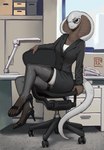 anthro black_sclera blue_eyes bottomwear brown_body brown_scales business_attire business_suit chair clothed clothing curvy_anthro curvy_female curvy_figure e_body eyewear female footwear fully_clothed furniture glasses high_heels hourglass_figure hourglass_figured_anthro hourglass_figured_female inside legwear long_tail office office_chair office_lady scales shoes sitting skirt slim small_waist snake_hood solo suit tail thigh_highs whit white_body white_scales wide_hipped_anthro wide_hipped_female wide_hips ethrk nawa_(ethrk) cobra reptile scalie snake hi_res