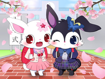 albino anthro backpack black_body black_fur blue_eyes blush bottomwear cherry_blossom clothing duo female flower fur heart_symbol jacket jewelry necklace plant prunus_(flower) red_eyes school skirt topwear white_body white_fur em_kei jewelpet sanrio sega sega_fave luea_(jewelpet) ruby_(jewelpet) domestic_rabbit dutch_rabbit hare japanese_hare lagomorph leporid mammal oryctolagus rabbit 4:3 hi_res