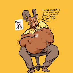 abdominal_bulge annoyed anthro bloated bottomwear bovid_horn brown_body brown_fur caprine_horn chair clothing dialogue duo earpod electronics fur furniture goat_horn hooves horn imminent_death imminent_digestion male music office_chair on_lap pants portable_music_player predator/prey shirt sitting sitting_on_lap student talking_to_prey teacher teacher_and_student topwear unwilling_prey vore yellow_clothing yellow_shirt yellow_topwear boot_(artist) montana_(boot) bovid caprine goat mammal 1:1 2014 2_frame_animation animated