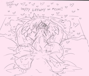 ambiguous_gender bed birthday blush blushing_profusely bodily_fluids cum cum_from_ass cum_from_mouth cum_in_ass cum_in_mouth cum_inside cum_on_self excessive_cum excessive_genital_fluids furniture genital_fluids happy happy_birthday heart_symbol solo spiral spiral_eyes text petrichorfractal nintendo pokemon aura_(auraxalaiv) darkrai generation_4_pokemon humanoid legendary_pokemon pokemon_(species) english_text line_art