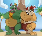 2019 3_toes absurd_res accessory alolan_exeggutor alolan_form anthro beach belly belly_scales big_belly biped bloodshot_eyes bottomwear bowser claws clothing cloud collar crocodile crocodilian crocodylid cross-popping_vein crossed_arms crown dated day donkey_kong_(series) duo eyewear fangs feet floral flower flower_accessory flower_garland flower_hair_accessory flower_on_head garland generation_7_pokemon green_body green_scales green_skin hair hair_accessory headgear hi_res hikazedragon horn iconography king_k._rool koopa kremling lei loincloth male mario_bros midriff multicolored_body multicolored_scales musclegut muscular muscular_anthro muscular_male navel nintendo open_mouth outie_navel outside overweight overweight_anthro overweight_male plant plantigrade pokemon pokemon_(species) red_hair regional_form_(pokemon) reptile sand scales scalie sea seaside sharp_teeth shell shorts signature sitting sky spiked_collar spiked_shell spikes spikes_(anatomy) standing sunglasses tan_body tan_scales teeth toe_claws toes tongue vein water white_claws yellow_body yellow_scales