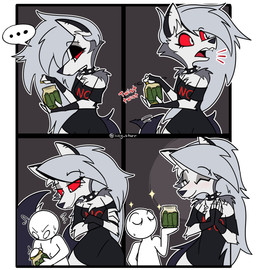 alternative_fashion anthro blush bodily_fluids chest_tuft clapping collar container crossed_arms duo eyelashes female food jar long_eyelashes male motion_lines pickle_(food) piercing spiked_collar spikes sweat tear_trough tuft icey_(artist) hellaverse helluva_boss anon loona_(helluva_boss) canid canine canis mammal wolf comic hi_res