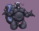 2016 anthro azure_(bluedude) balls belly biceps captaingerbear erection eyewear facial_hair genitals gesture glasses goatee grin hair jewelry looking_at_viewer male mammal manly mephitid musclegut muscular mustache navel necklace nipples nude pecs penis shrug skunk slightly_chubby smile solo standing triceps white_hair