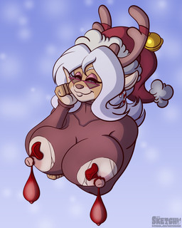 anthro antlers bell big_breasts bodysuit breasts candy candy_cane christmas_clothing christmas_headwear clothing condom dessert ear_piercing ear_ring eyeshadow eyewear female filled_condom food glasses hat headgear headwear holidays horn huge_breasts lidded_eyes looking_at_viewer makeup nipples piercing ring_piercing ripped_bodysuit santa_hat sexual_barrier_device skinsuit smile solo tied_condom tight_clothing torn_clothing sketchybug christmas the_nurse_(kadath) deer mammal new_world_deer reindeer hi_res