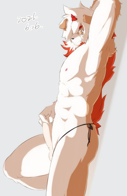 anthro balls countershading erection eyebrows floppy_ears fur genitals hair hand_behind_head hand_on_penis holding_penis horn male nipples penis pink_nipples pose red_eyebrows red_hair red_horn solo tan_body tan_ears tan_fur chirasgi arknights hypergryph studio_montagne hung_(arknights) canid canine canis domestic_dog mammal 2021 dated hi_res
