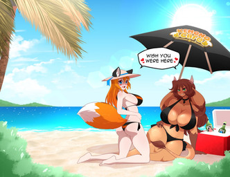 beach bikini blush blush_stickers breasts cleavage clothed clothing cloud cooler day dialogue duo female hair hat headgear headwear horn outside palm_tree plant seaside sky sun swimwear tail tail_tuft text tree tuft two-piece_swimsuit umbrella sagestrike2 las_lindas mora_linda animal_humanoid bovid bovine canid canid_humanoid canine canine_humanoid cattle fox_humanoid humanoid mammal mammal_humanoid english_text