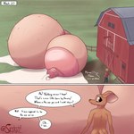 1:1 absurd_res anthro barn belly big_belly big_breasts bodily_fluids breasts brown_body brown_fur deer duo english_text excessive_lactation exposed_breasts farmer female fur grass hi_res huge_belly huge_breasts hyper hyper_belly hyper_breasts hyper_lactation hyper_nipples hyper_pregnancy lactating mammal milk_on_ground nipples nude pitchfork plant pregnant sally_(somekindofsnake) solo_focus somekindofsnake speech_bubble text tools