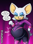 3:4 anthro anthro_pred bat belly big_belly bloated blue_eyeshadow bodysuit breasts canid canine clothing dialogue digital_media_(artwork) drakanoms english_text eyeshadow female female_pred fox fully_inside gesture gloves hand_gesture hand_on_hip handwear hi_res insult insulting_viewer makeup mammal miles_prower muffled navel navel_outline netflix offscreen_character pointing pointing_at_belly pointing_at_self rouge_the_bat sega skinsuit small_breasts smile solo sonic_prime sonic_the_hedgehog_(series) struggling talking_to_viewer text tight_clothing unseen_prey vore